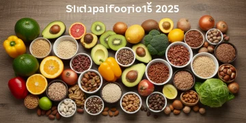 The 2025 Evolution of Superfoods: What's New and Still Essential Vibrant assortment of 2025 superfoods on a wooden table, emphasizing health and nutrition.
