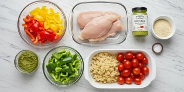 Colorful 5-ingredient meal prep station on a kitchen counter, showcasing fresh ingredients for quick dinner preparation.