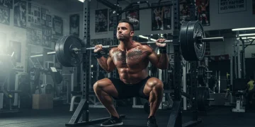 Male lifter squatting heavy barbell in modern US gym