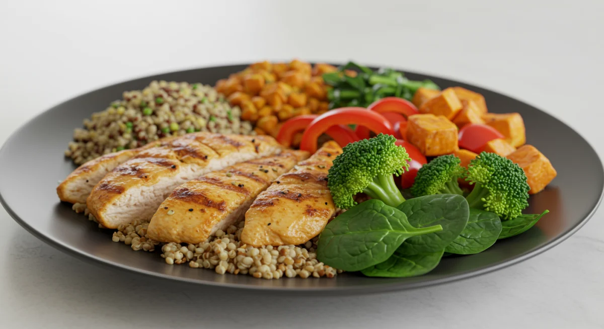 Balanced meal with lean protein, complex carbs, and vegetables for body recomposition