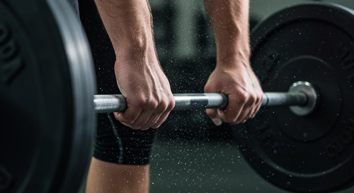 Hands gripping barbell for a powerful lift, emphasizing grip strength and preparation.