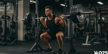 Man performing heavy barbell squat in modern gym, demonstrating progressive overload