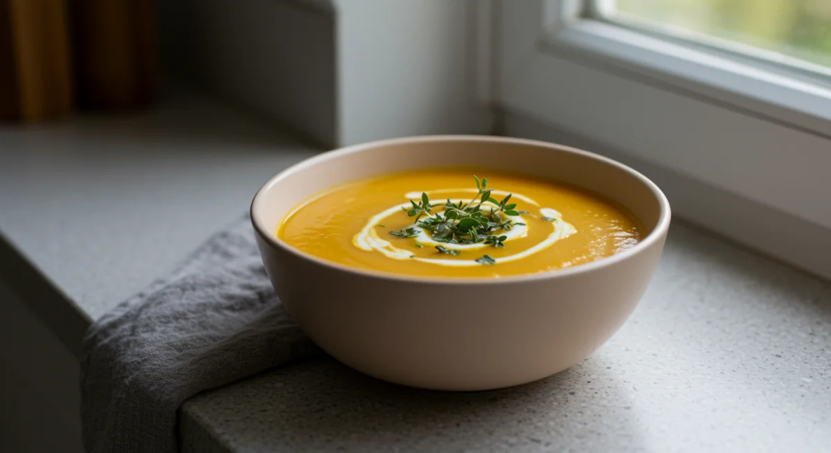 Steaming bowl of butternut squash soup with herbs
