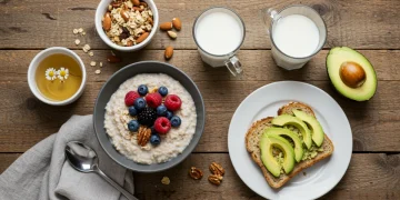 Variety of sleep-promoting foods including oatmeal, milk, avocado toast, and chamomile tea on a wooden table.