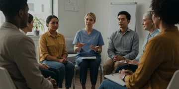Diverse group in CBT session with therapist in the US