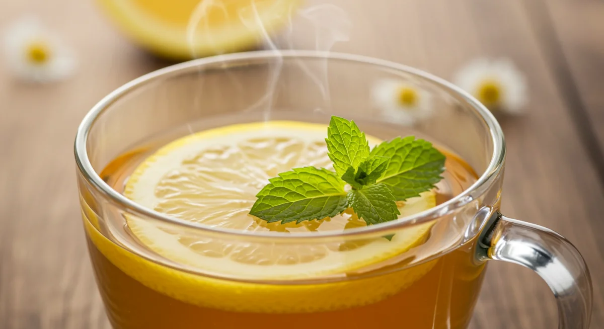 Close-up of a steaming mug of chamomile tea with lemon and mint, signifying relaxation.