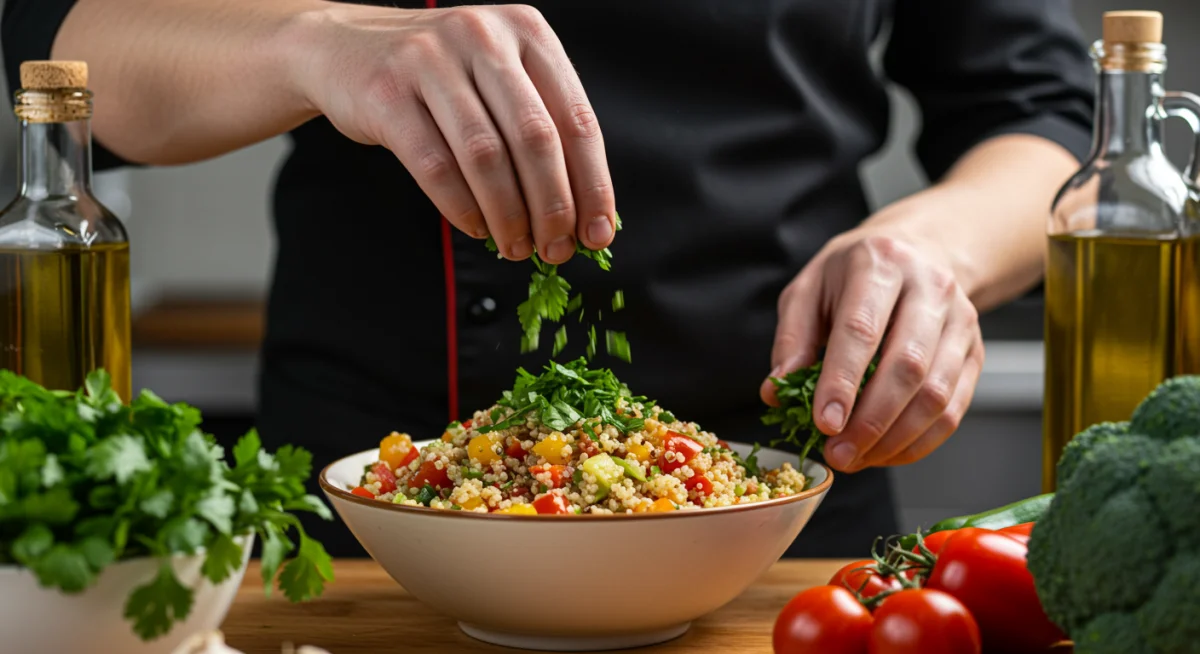 Chef sprinkling fresh cilantro on a quinoa salad.