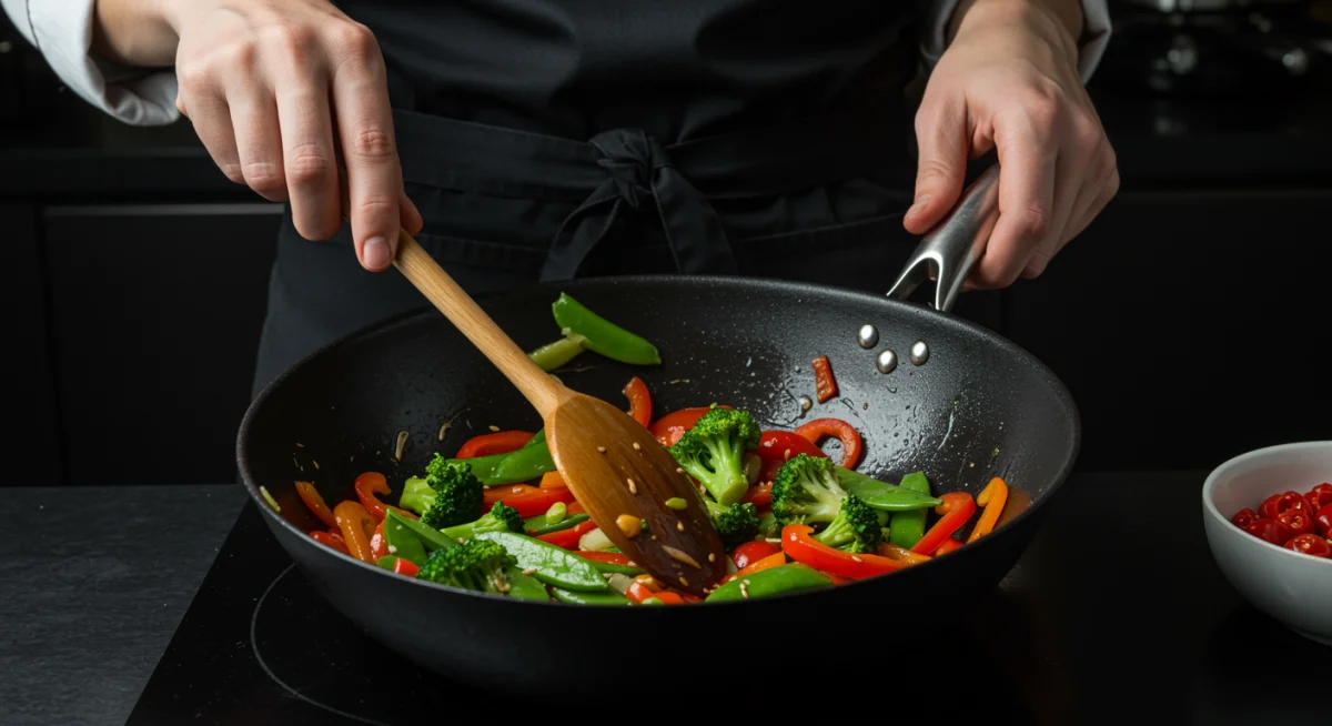 Chef preparing colorful plant-based stir-fry