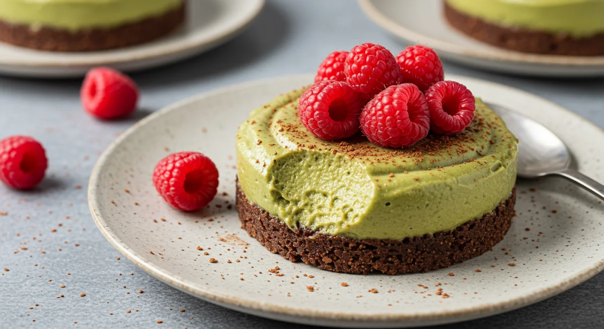 Vegan chocolate avocado mousse with raspberries, healthy dessert
