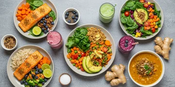 Variety of colorful anti-inflammatory meals on a kitchen counter.