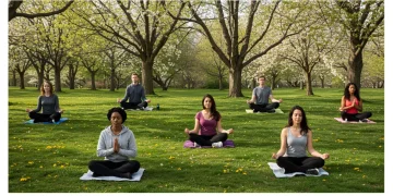 Diverse group practicing emotional resilience habits in a spring park