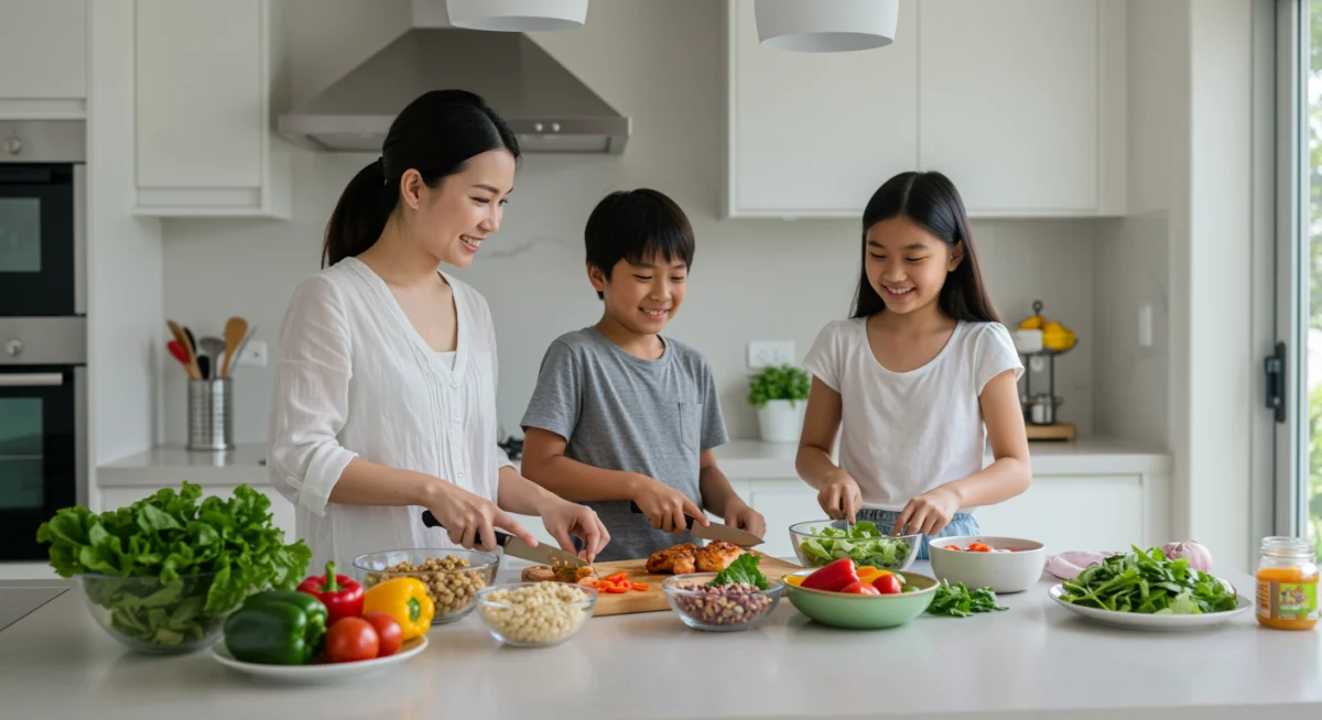Family cooking healthy meal together in kitchen.
