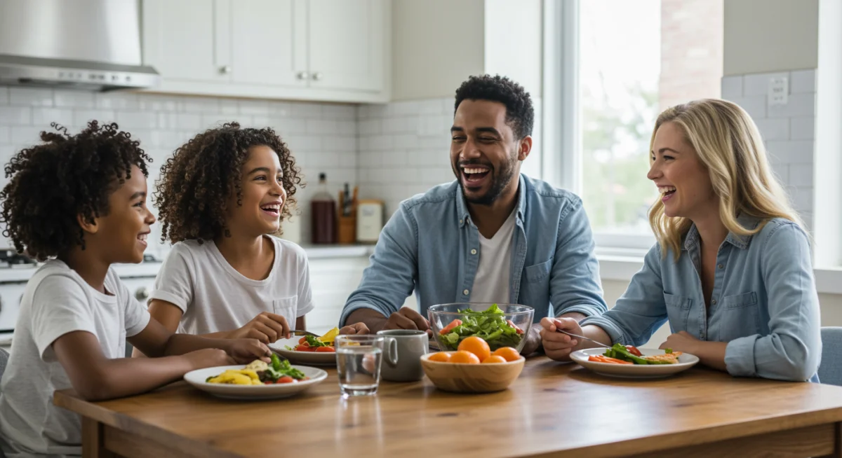 Happy family enjoying a quick and healthy 5-ingredient dinner together at home.