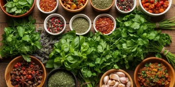Assortment of fresh herbs and dried spices on a wooden table with healthy dishes.