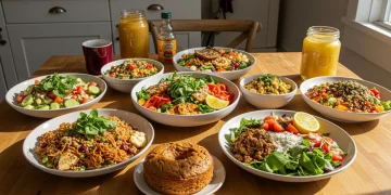 Seven delicious and healthy gluten-free dishes on a wooden table, showcasing modern culinary trends.