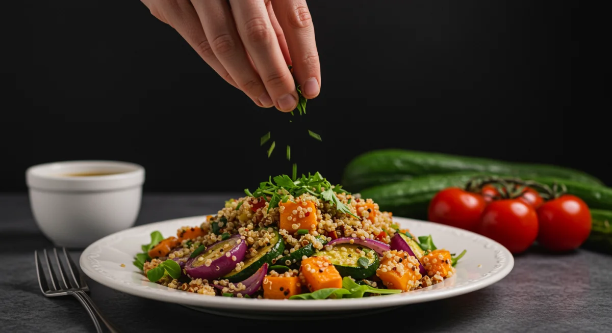Hand sprinkling fresh herbs on a vibrant gluten-free quinoa and roasted vegetable salad.