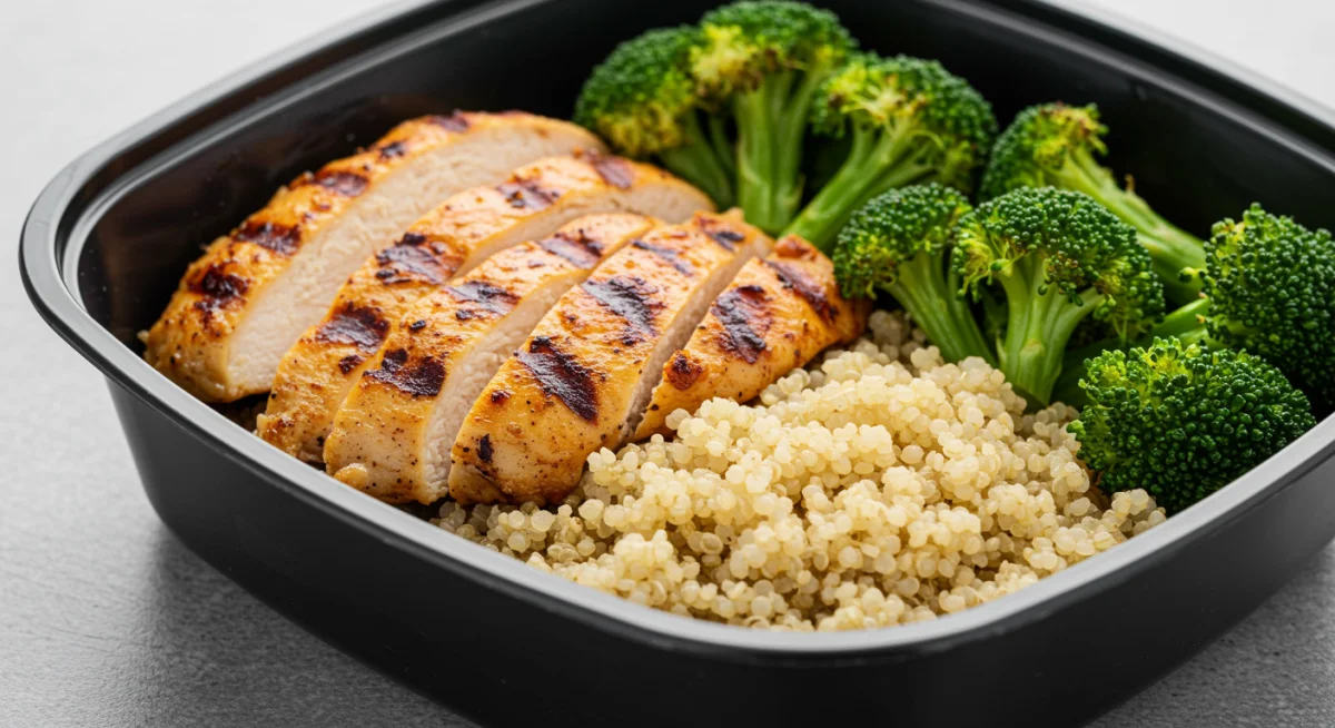 Grilled chicken, quinoa, and roasted broccoli in a meal prep container.