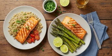 Deliciously Diabetic: 9 Low-Glycemic Recipes for Blood Sugar Management Grilled salmon with quinoa and asparagus, a healthy low-glycemic meal for diabetics.