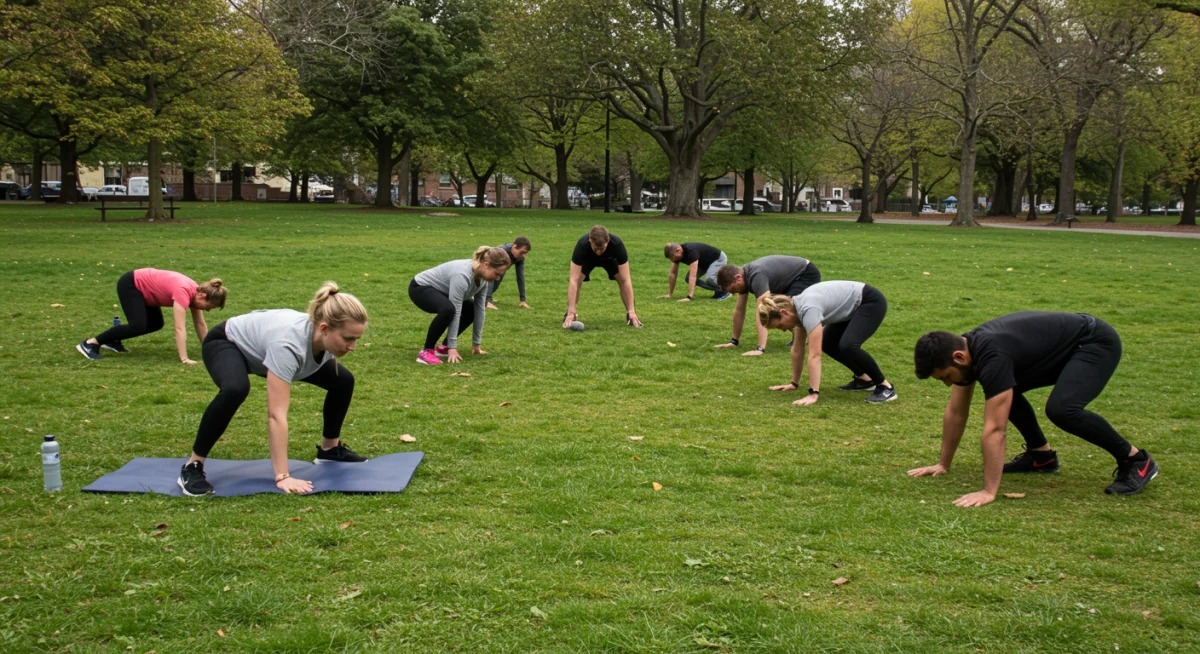 Group performing bodyweight functional exercises in a park