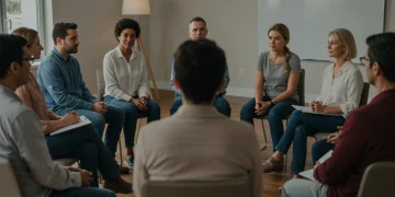 Diverse adults in a supportive group therapy session, fostering connection and healing.