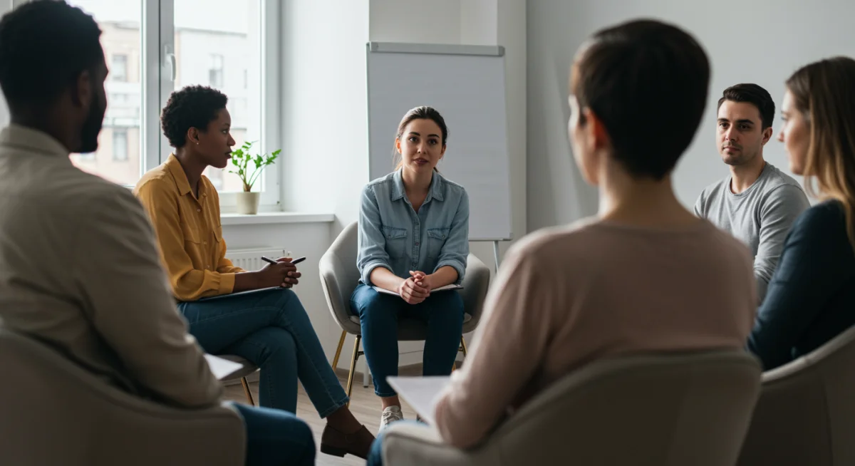 Diverse group in a brightly lit, modern therapy session fostering open mental health discussion.