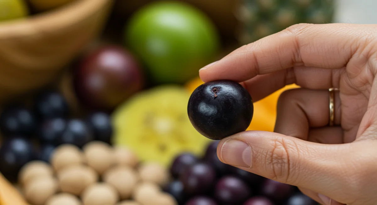 Hand holding a fresh acai berry, showcasing the natural richness of superfoods.