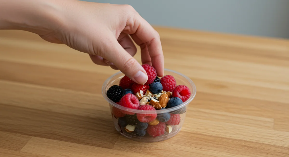 Hand reaching for a bowl of fresh mixed berries and almonds, a healthy snack.