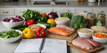 Colorful fresh ingredients and a meal planner on a kitchen counter for budget-friendly healthy dinners.