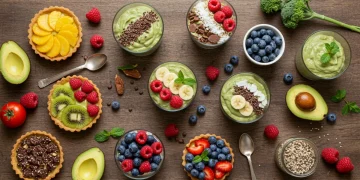 Assortment of vibrant healthy desserts on a wooden table, guilt-free treats