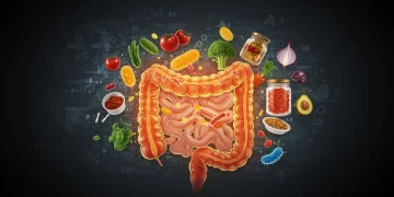 Vibrant illustration of a healthy gut microbiome with beneficial bacteria and nutrient-rich foods.