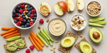 Variety of healthy snacks including fruits, nuts, and vegetables arranged appealingly.