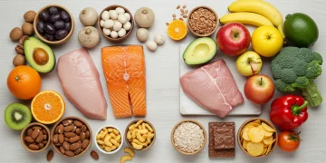 Balanced plate with fresh fruits, vegetables, and whole grains next to a small portion of processed food, symbolizing a 3-month reduction plan.