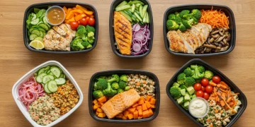 Six high-protein meal prep containers for athletes, showcasing diverse, balanced meals.