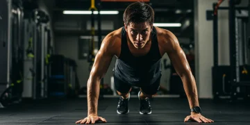 Dynamic athlete performing high-intensity interval training in a modern gym