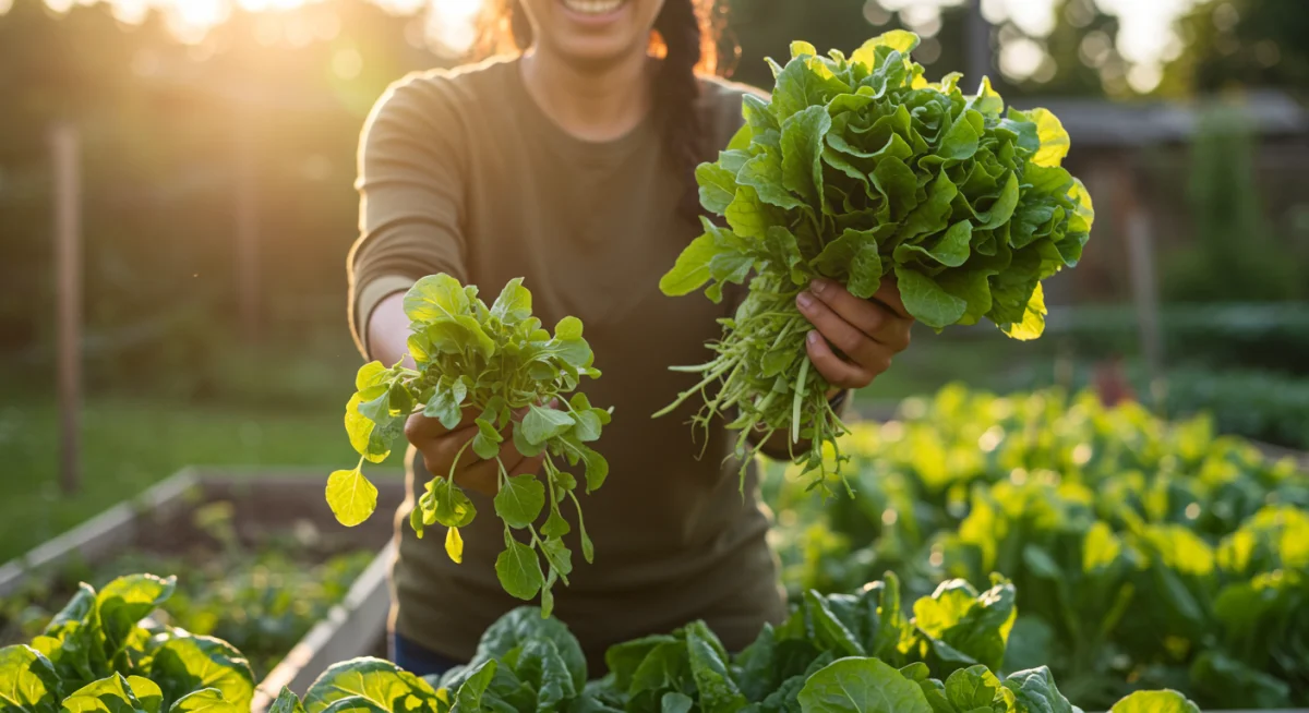 Person harvesting fresh leafy greens from a home garden, promoting local food.
