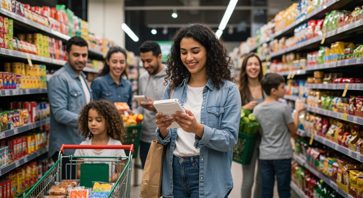 Family reading food labels at a grocery store