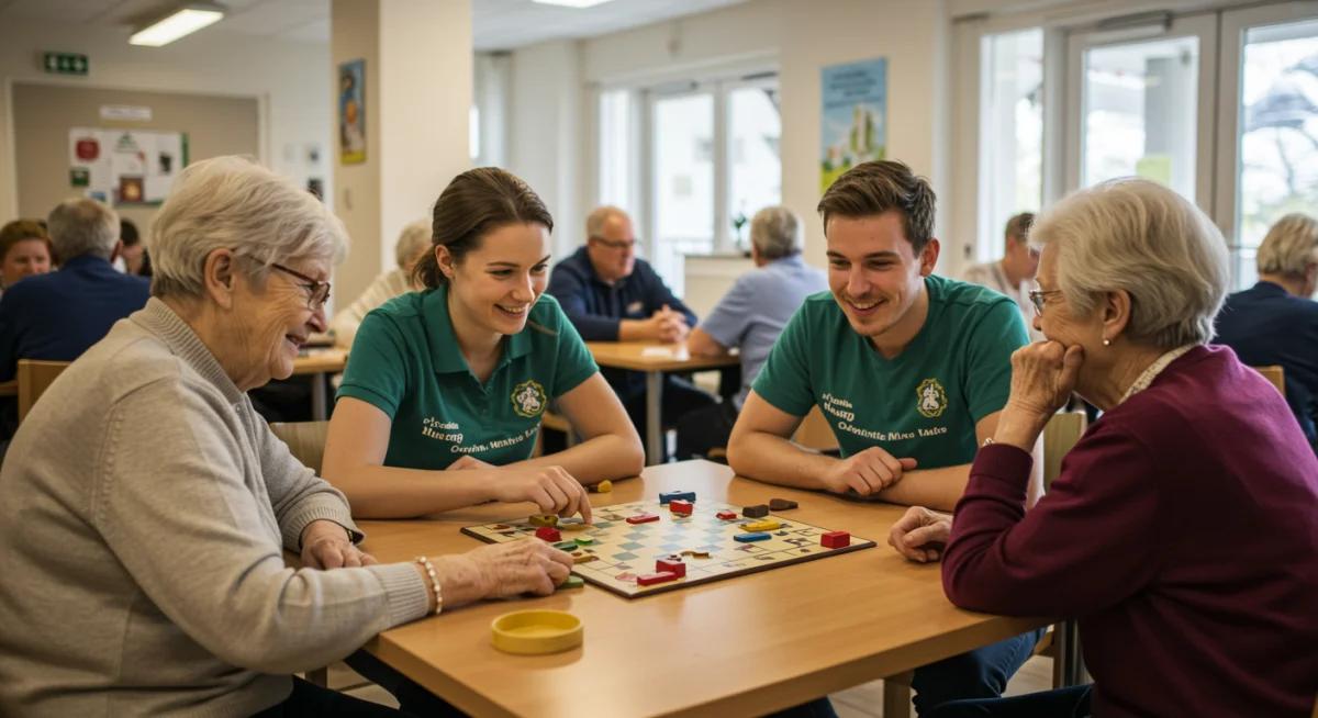 Intergenerational program with seniors and youth playing board games.