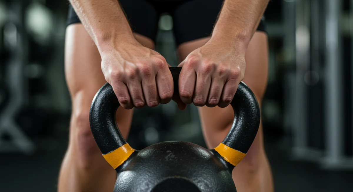 Close up of hands gripping a kettlebell handle during a workout