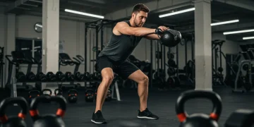 Man performing kettlebell swing with intense focus in a gym setting