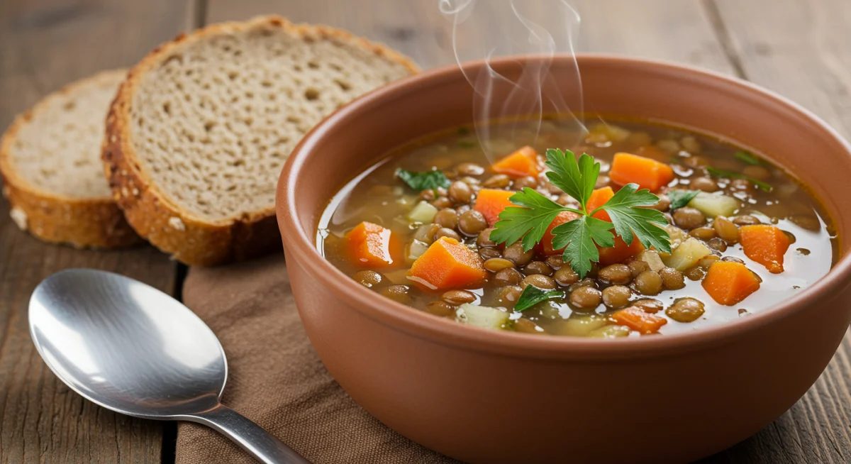 Hearty bowl of lentil soup with fresh herbs and whole-grain bread, symbolizing affordable healthy eating.