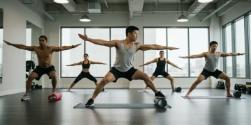 Diverse individuals performing dynamic stretches for improved flexibility and range of motion in a fitness studio.
