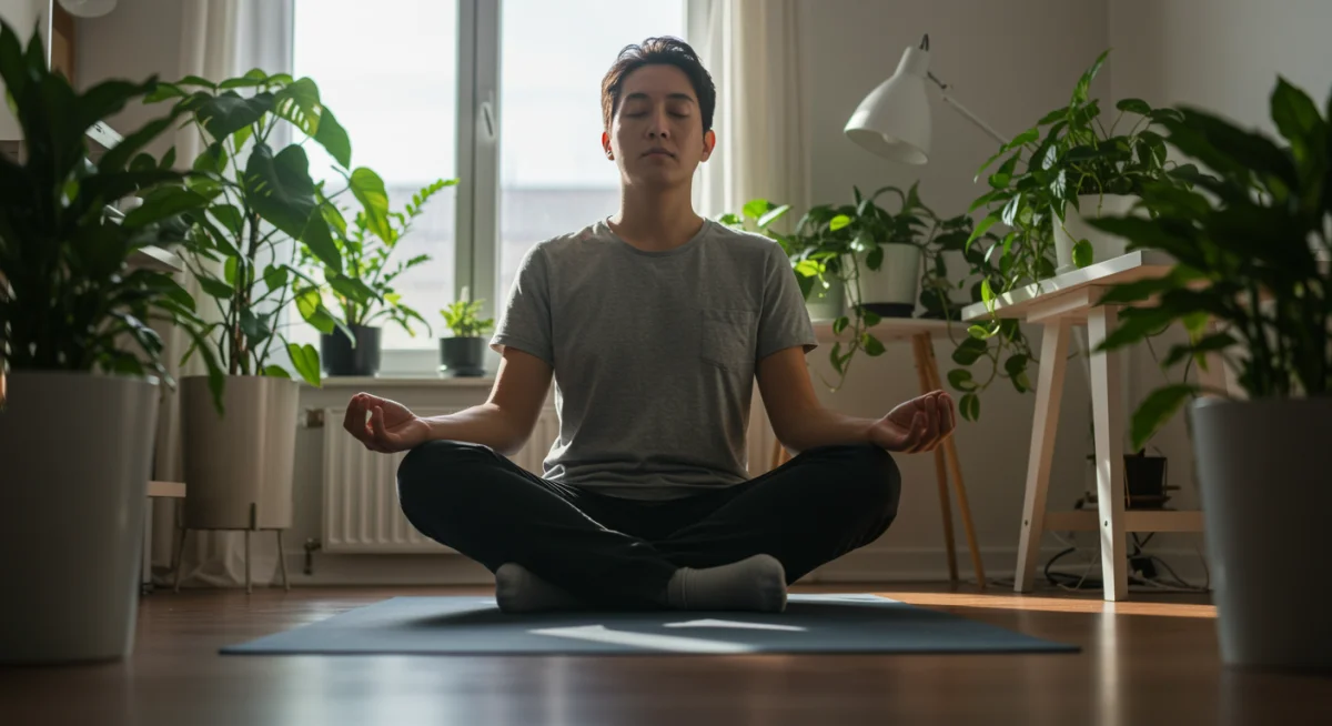 Person meditating in home office for mental resilience