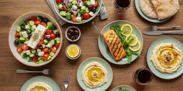 Mediterranean dinner spread with grilled salmon, Greek salad, and pita bread