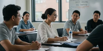 Diverse group of US adults learning mental health first aid techniques in a classroom.
