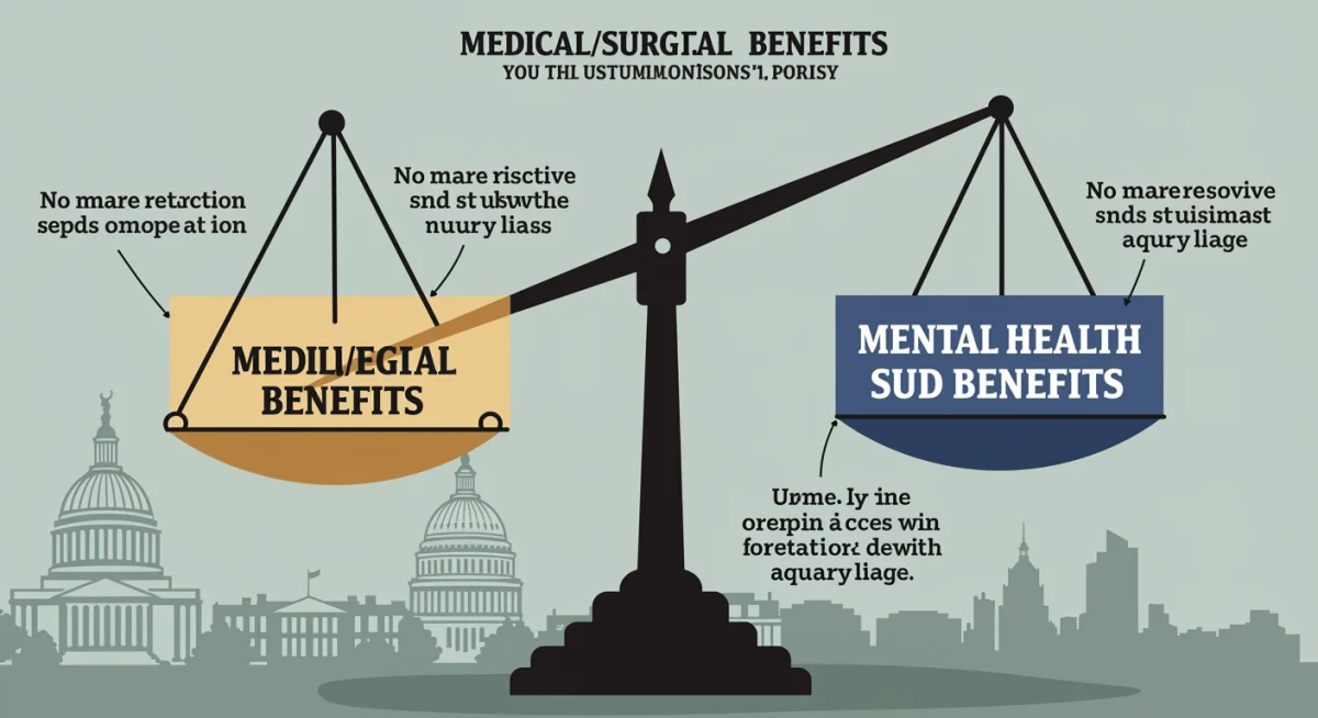 Infographic depicting balanced scale for mental health and medical benefit parity