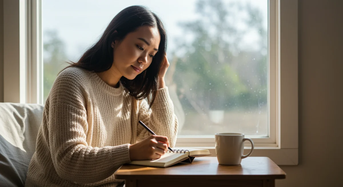 Person journaling mindfully by a window