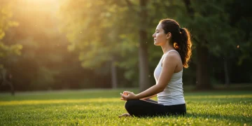 Serene person meditating outdoors, practicing mindfulness for stress reduction.