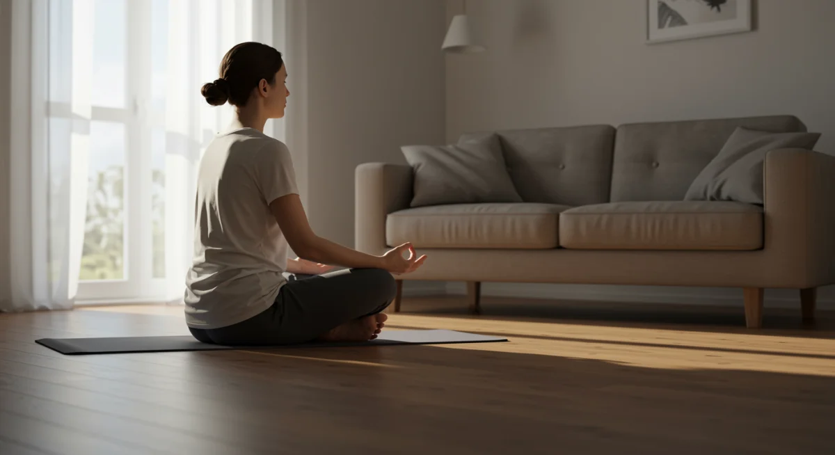 Person meditating calmly, practicing mindfulness for better sleep
