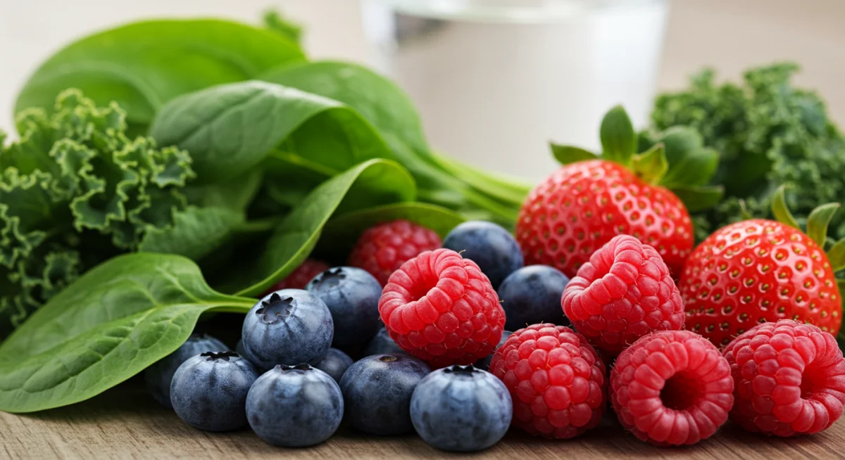 Fresh berries and leafy greens, natural sources of essential micronutrients for boosting energy.
