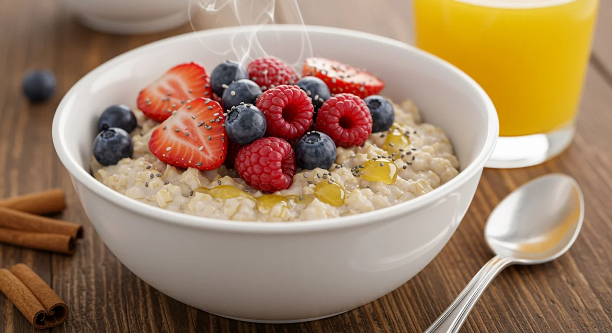 Warm oatmeal bowl with fresh berries, chia seeds, and honey.